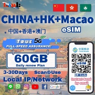 CHINA eSim QR Code 【China mainland+HK+Mac】【60GB High Speed Data】 HONGKONG MACAO eSIM 4G/5G LTE【✅ Hot