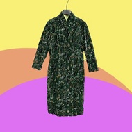 二手 長壽奶奶 古董訂製 綠色 絨布 印花 開衩 長袖 旗袍 CA404