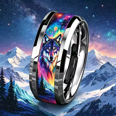 Vintage Wilderness Rainbow Wolf Galaxy Snow Mountain Ring Cool Stainless Steel Men Ring Animal Wolf 