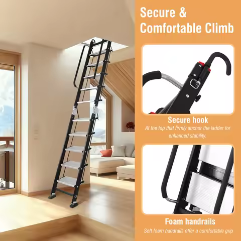 Foldable Aluminum Alloy Loft Stairs Ladder 9.5ft 10 Step Attic Ladder with Handrails & Hooks for Sma