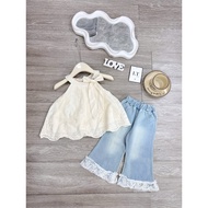M39 Bộ quần áo bé gái Set áo nơ cổ yếm quần bò jean loe phối ren cho bé gái