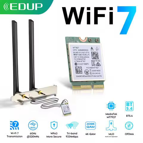 EDUP MT7927 Pro WiFi 7 PCIe Adapter Tri Band 2 4G 5G 6GHz Up to 9334Mbps MLO 6dBi Antennas BT5 4 WPA