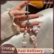 【BUJIG4】 Dễ thương Hello Kitty Bow đính cườm chuỗi điện thoại tay dây thừng Keychain Mặt dây Keyring