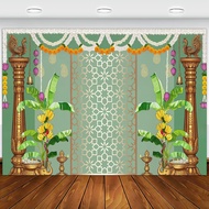 India Pooja Party Banner Backdrop Traditional Banana Leaf Marigold Garland Photography Background fo