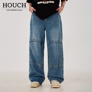 HOUCH COD Double Knee Denim Trousers Cargo Patns Men Straight Washed Denim Jeans Trousers