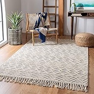 Safavieh Natura Collection NAT353A Handmade Moroccan Boho Fringe Wool Area Rug, 8' x 10', Ivory / Bl