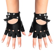 Fingerless Faux Leather Gloves - Black Biker Punk Gloves with Belt Up Closure and Rivet Design for W