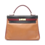 【二手】愛馬仕 Kelly 32 手提包，三色NATURALRouge H，內縫線，兩用，Rouge H/Green/ Natura Calf（牛皮）