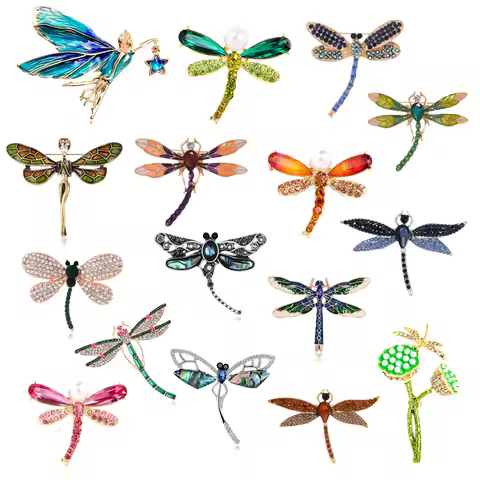 Vintage rhinestone animal insect pins shiny crystal dragonfly brooch fashion men and women clothes a