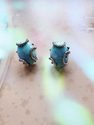 美國西洋古董飾品 / 銀繩環繞人造綠松石夾式耳環/復古首飾