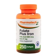 PHARMATECH Folic Acid 800 mcg Plus Iron 27 mg Supplement for women, Vitamin B9, Folate Prenatal, Fas