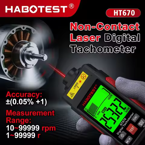 HABOTEST HT670 Digital Laser Tachometer Non-Contact RPM Meter 2.5-99999RPM with LCD Backlight for Mo