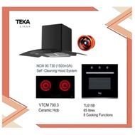 Teka NCW90 Hood (1500m3/h) with Self Cleaning + VTCM 700.3 Ceramic Hob  + TL 615 B OVEN (8 Cooking Function)
