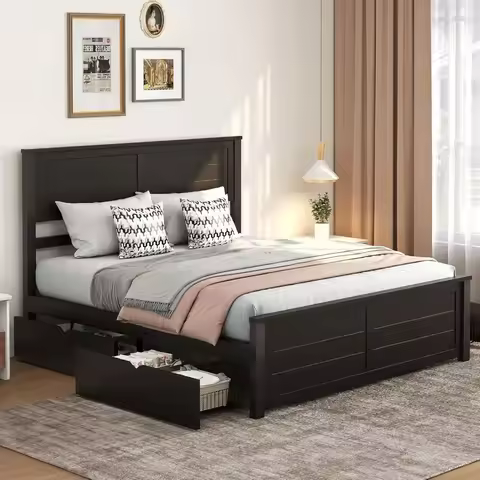 Queen Bed Frame with Headboard and 4 Storage Drawers, Wood Bed Frame for Bedroom, Wood Slats Support