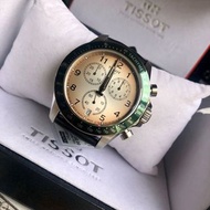 天梭TISSOT V8棕色漸層配綠色錶盤 黑色皮革錶帶 石英 三眼計時 男士手錶 T1064171603200