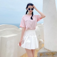 Cotton Candy Color T-Shirt Pleated Skirt Set Womens Dance Performance Outfit Sisters Matching Dancew