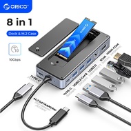 ORICO Portable USB C HUB with M.2 SSD Enclosure 8 in 1 Docking Station 4K 60Hz HDMI PD100W RJ45 SD/TF USB3.2 10Gbps for M.2 NVMe SATA SSD 8TB Compatible with Laptop PC (OM28P)