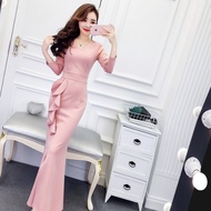 Ladies gown ruffled long dress V neck split ladies temperament dress long woman