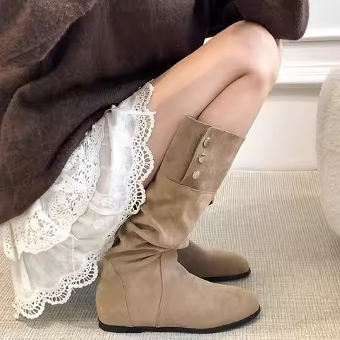 Women's round Toe Double Wear Pleated Boot Low Heel Retro Knee High Rider Boot Western Cowboy Boot V
