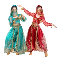 Kids Girls India Belly Dance Top Pants Costume Set Arabian Princess Halloween Costume Children Girls Aladdin Lamp Princess Jasmine Red Blue Stage Performance Clothes