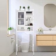 SUNTAGE Over Toilet Storage Cabinet Organizer for Bathroom, Over Toilet Shelf, Freestanding Space Saver with Adjustable Shelves, Acrylic Sliding Door, Wide Open Shelf, 2 Hooks, Classic White