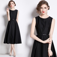 French Style Sleeveless Dress Elegant Round Neck Slim A-line Dresses for Formal Dinner