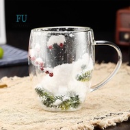 Double Wall Christmas Mug, Cute Mugs Set Glass Cup for Hot Cocoa& Coffee, Christmas Tree Design