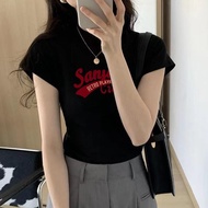 Women's Short-Sleeved T-Shirt Round Neck Slim Fit Good Meaning Screen Printing Work Cotton Fabric No