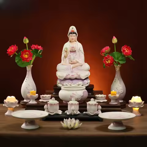 Ceramic Pink Lotus Buddha Set, Offering Set, Fruit Plate, Vase, Water Cup, Incense Burner, Incense B