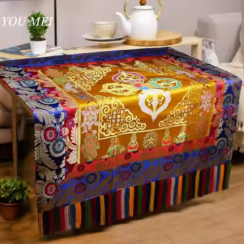 Tibetan Altar Ritual Cloth,Embroidery Ten Sutra Vajra Table Cloth Woven Satin Flower Pattern,Thicken
