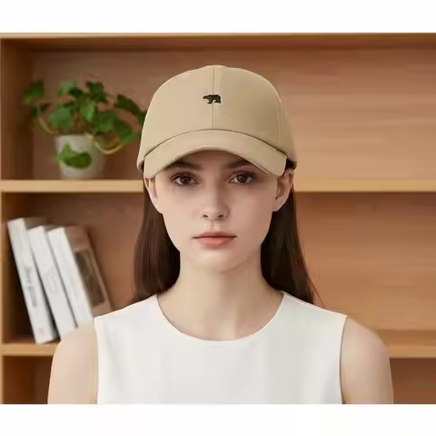 Unisex Baseball Cap With Bear Design Soft Khaki Fabric Baseball Cap Stylish