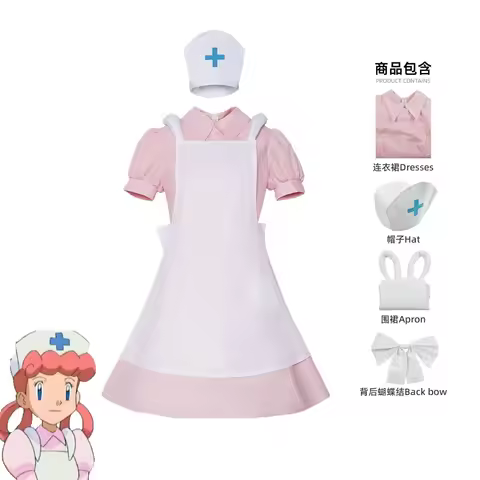 Anime Nurse Joy Cosplay Costume for Woman Pink Shirt Dress Hat Apron Back Bow Nurse Set Halloween Ca