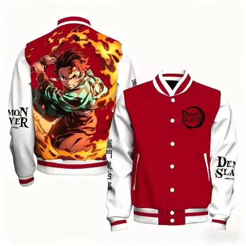 Demon Slayer Kimetsu No Yaiba Unisex Baseball Jacket Red White Tanjiro Kamado Back Print with Fire E
