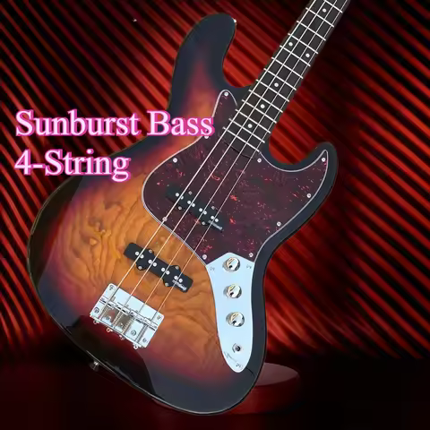 Sunburst Bass 4-String J Electric Bass White Pickguard Dot Inlays 3 Control Knobs Guitar for Interme