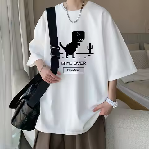 Men's Cotton T-shirts White Funny Mens Oversized T Shirt Dinosaur Print Summer Casual Wear 5XL Tee S