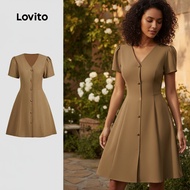 Lovito Elegant Dress Button Spring/summer Khaki Dress for Women L150AD726 Lovito Pakaian Elegan Buta
