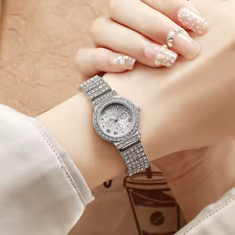 Luxury Crystal Pave Women's Watch, Silver Tone, Roman Dial, Bling Quartz Wristwatch for Party & Wedd