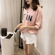 Korean Style New Lace-up Letter Print Top Slim T-shirt Women's Short Sleeve Summer
