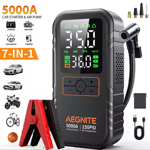 7-in-1 Jump Starter with Air Compressor, 5000A Portable Car Battery Booster (9.0 Gas/6.5L Diesel) wi