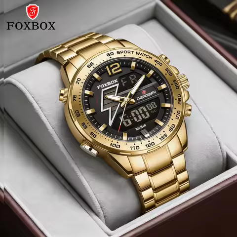 FOXBOX Men Quartz Watches Electronic Watch Multifunctional Waterproof Digital Watch LED Dual Time Di