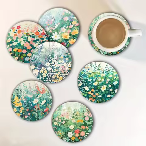 2D Spring Garden Art Wooden Coaster with Vivid Floral Patterns Eco-Friendly Home Kitchen Living Room