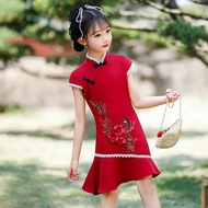 ชุดกี่เพ้าสีแดงสำหรับเด็กผู้หญิงชุดเจ้าหญิงย้อนยุคบางฤดูร้อน