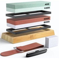 磨刀器，雙面專業磨刀石套件 400/1000 和 3000/8000，帶角度導軌、皮帶、防滑底座、拋光化合物。