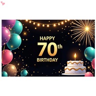 Happy 70th Birthday Backdrop Banner Blue Black Theme Decor With Balloon Fireworks and Cake Fashion B
