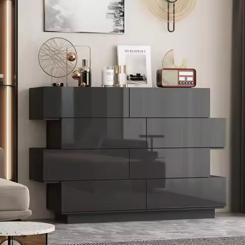 50.6 in. W High Gloss Black Wood 8-Drawer Chest of Drawers Storage Cabinet Modern Style, 16.2 in. D 