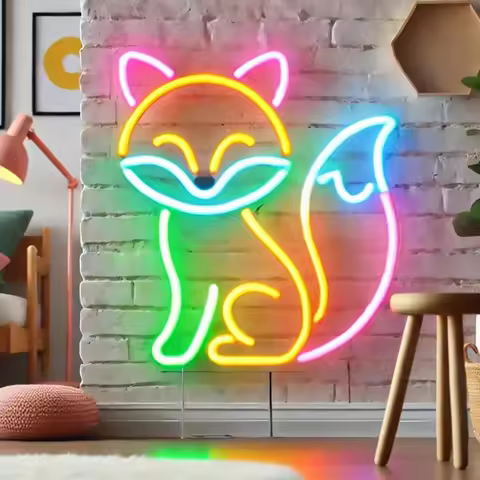 Fox Neon Sign Rainbow Fox Neon Wall Decor for Living Room Bedroom Kids Room Dorm Party USB Dimmable 