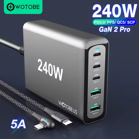 WOTOBE 240W GaN 2 Pro USB-C Power Adapter,5-port PD100W PPS 65W 45W QC4.0 for iPhone MacBook Samsung
