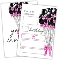 JCVUK Birthday Party Invitation Card - Black & Pink Balloon - 4 X 6 Double-Sided Fill-In Invitation 