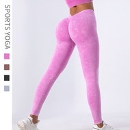 New Style Yoga Pants TIKTOK Washed Seamless V-Waist High Elastic Sports Yoga Fitness Skinny Pants Yo