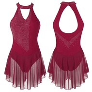 Women Girls V Neck Backless Rhinestone Dance Dress Figure Skating Skirted Leotard Gymnastics Dresses